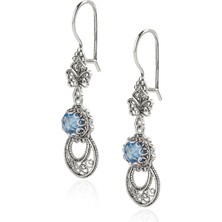 Filigran Silver 925 Ayar Gümüş Otantik El Işi Telkari Doğal Sky Blue Topaz Taşlı Kadın Sarkaç Küpe