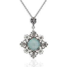 Filigran Silver 925 Ayar Gümüş Otantik El Işçiliği Telkari Doğal Aqua Kalsedon Taşlı Kadın Kolye
