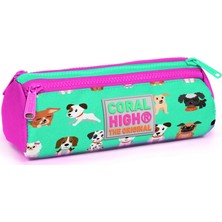 Coral High Üç Bölmeli Kalem Çantası Su Yeşili Köpek Desenli Polyester Malzemeden Üretilmiştir