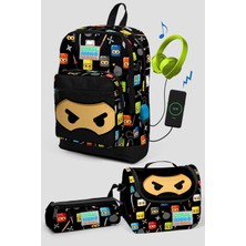 Coral High Kids Siyah Ninja Desenli Dört Bölmeli USB Şarjlı Kulaklık Çıkışlı 3'lü Çanta Seti 23285