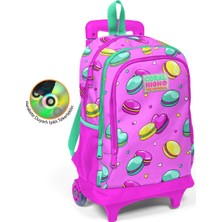 Coral High Kids Açık Pembe Makaron Desenli Işıklı Tekerlekli Iki Bölmeli Çekçekli Sırt Çantası 23357
