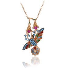 Turkuaz Taşlı Çiçekli Mineli Arı Kuşu Gümüş Kolye