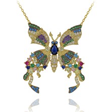 Renkli Taşlı Kelebek Gümüş Kolye
