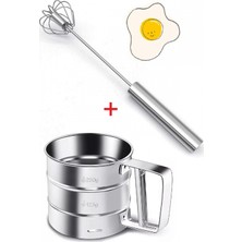 Tilbe Home Un Eleği Pudra Şekeri Eleme Pratik Yarı Otomatik Elek + Çelik Yumurta Çırpıcı Mikser Karıştırıcı Set