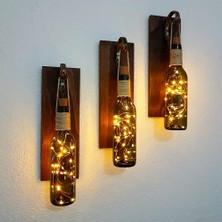 ST Dekor Retro Yeşil Şişeli LED Işıklı, Ceviz Aplik, 3 Lü Set