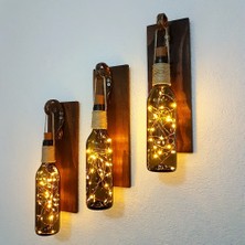 ST Dekor Retro Yeşil Şişeli LED Işıklı, Ceviz Aplik, 3 Lü Set