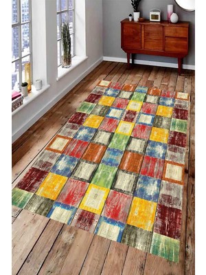 Resmiro Kaymaz Taban Yıkanabilir Renkli Eskitme Tasarımlı Halı