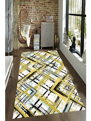 Resmiro Kaymaz Taban Yıkanabilir Sarı Mavi Çizgi Desenli Halı