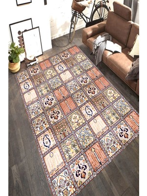 Resmiro Kaymaz Taban Yıkanabilir Motif Detaylı Kareler Çizimli Halı