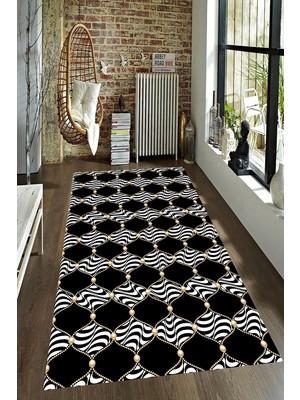 Resmiro Kaymaz Taban Yıkanabilir Siyah Zemin Zebra Motifli Halı