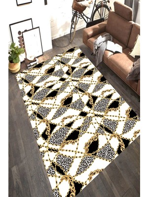 Resmiro Kaymaz Taban Yıkanabilir Krem Zemin Zincir Detaylı Leopar Desenli Halı