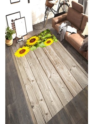 Resmiro Kaymaz Taban Yıkanabilir Tahta Zemin Ayçiçek Desenli Halı