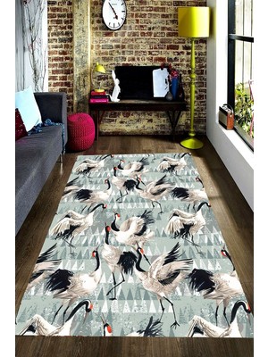 Resmiro Kaymaz Taban Yıkanabilir Ağaç Zemin Leylek Desenli Halı