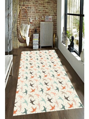 Resmiro Kaymaz Taban Yıkanabilir Renkli Kırlangıç Kuşları Desenli Halı