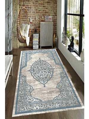 Resmiro Kaymaz Taban Yıkanabilir Mat Lacivert Eskitme Desenli Halı