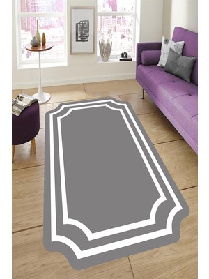 Resmiro Kaymaz Taban Yıkanabilir Gri Zemin Dekoratif Çerçeve Desenli Halı