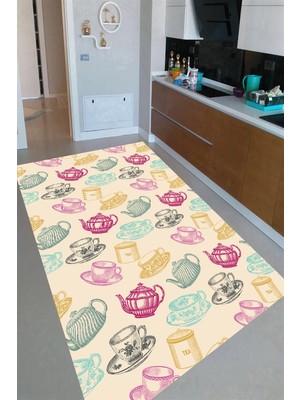 Resmiro Kaymaz Taban Yıkanabilir Rengarenk Fincan Desenli Mutfak Halısı