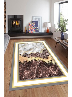 Resmiro Kaymaz Taban Yıkanabilir Çerçeve Kahve Mermer Desenli Halı