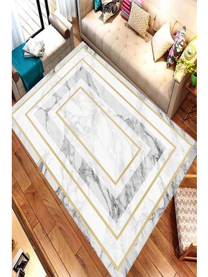 Resmiro Kaymaz Taban Yıkanabilir Beyaz Mermer Tasarımlı Halı