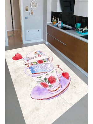 Resmiro Kaymaz Taban Yıkanabilir Kalp Detay Kahve Fincanları Desenli Mutfak Halısı