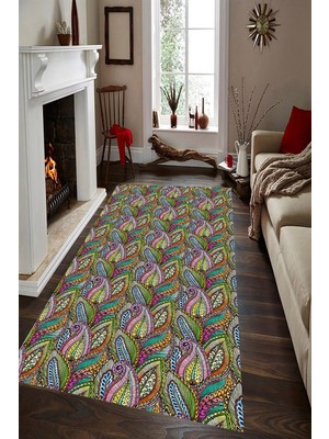 Resmiro Kaymaz Taban Yıkanabilir Otantik Renkli Yaprak Desenli Halı