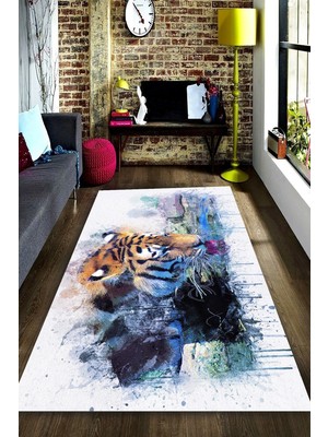 Resmiro Kaymaz Taban Yıkanabilir Suluboya Efektli Su Içen Kaplan Halı