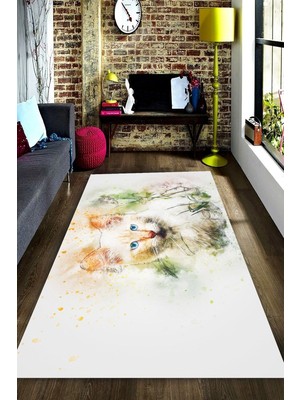 Resmiro Kaymaz Taban Yıkanabilir Suluboya Efektli Etkileyici Bakışlar Kedi Halı