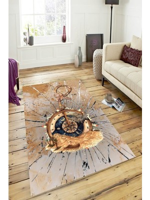 Resmiro Kaymaz Taban Yıkanabilir Özel Tasarım Pusula Çarpması Halı