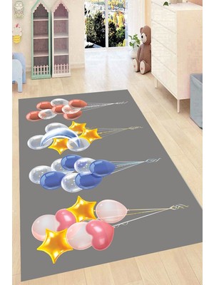 Resmiro Renkli Parti Balonları Desenli Kaymaz Taban Yıkanabilir Dijital Baskı Çocuk Halısı