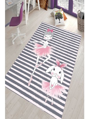 Resmiro Kaymaz Taban Yıkanabilir Tavşan ve Balerin Desenli Çocuk Halısı