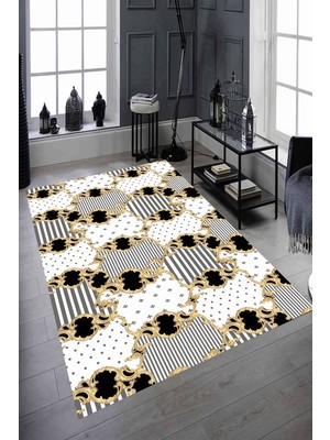 Resmiro Kaymaz Taban Yıkanabilir Çizgiler ve Noktalar Çerçeve Desenli Halı