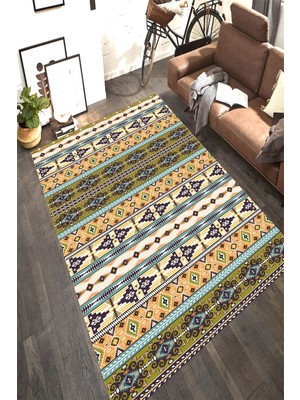 Resmiro Kaymaz Taban Yıkanabilir Etnik Çizgi Detaylı Kilim Desenli Halı