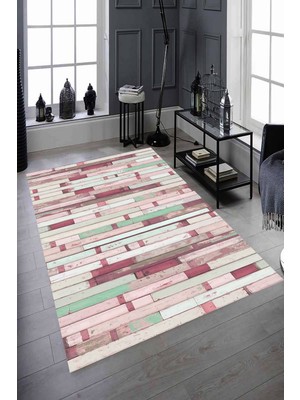 Resmiro Kaymaz Taban Yıkanabilir Pembe Tahtalar Halı