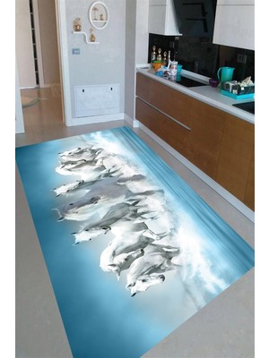 Resmiro Kaymaz Taban Yıkanabilir Beyaz Atlar ve Mavilikler Desenli Mutfak Halısı