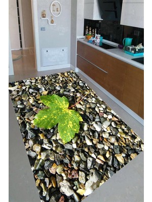 Resmiro Kaymaz Taban Yıkanabilir Deniz Taşları ve Yaprak Desenli Mutfak Halısı