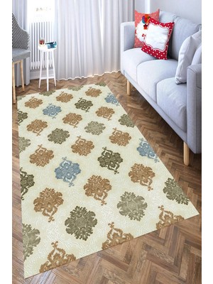 Resmiro Kaymaz Taban Yıkanabilir Haki Motif Desenli Halı