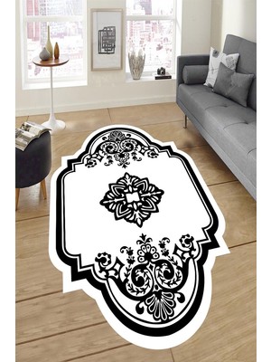 Resmiro Kaymaz Taban Yıkanabilir Siyah Beyaz Dekoratif Motifli Halı