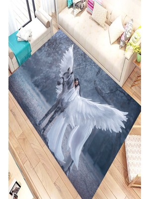 Resmiro Kaymaz Taban Yıkanabilir Beyaz Kanatlı At Desenli Halı