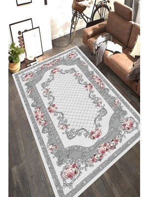 Resmiro Kaymaz Taban Yıkanabilir Gri Zemin File Detay Çiçek Desenli Halı