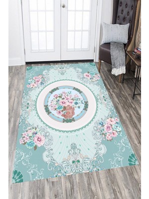 Resmiro Kaymaz Taban Yıkanabilir Çember Detay Çiçek Motif Halı