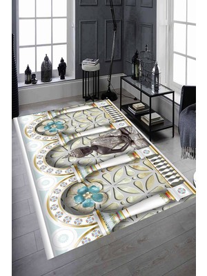 Resmiro Kaymaz Taban Yıkanabilir Eski Çağ Tasarımlı Halı