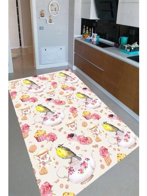 Resmiro Kaymaz Taban Yıkanabilir Fincan ve Kuş Desenli Mutfak Halısı