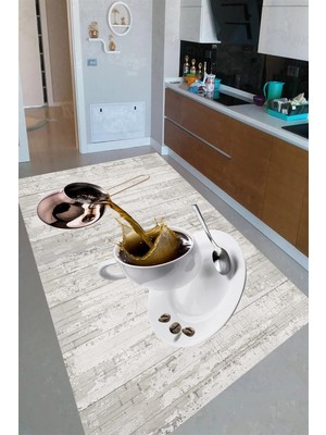 Resmiro Kaymaz Taban Yıkanabilir Türk Kahvesi Fincan Desenli Mutfak Halısı