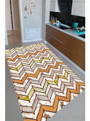 Resmiro Kaymaz Taban Yıkanabilir Tahta Görünüm Zikzak Desenli Mutfak Halısı