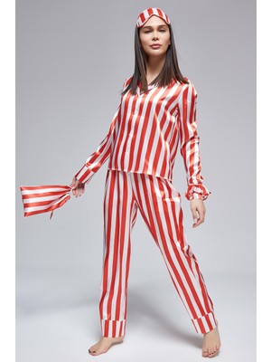 For You Moda 6 Lı Saten Kırmızı Beyaz Çizgili Pijama Takımı