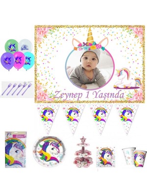 Hayaller Dükkanı Unicorn 1-2-3 Yaş Doğum Günü Süsleri Masa Seti Parti Seti Full Set 8 Kişilik Fotoğraflı