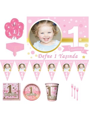 Hayaller Dükkanı 1 Yaş Pırıltılı Temalı 8 Kişilik First Birthday Kız Parti Seti, 1 Yaş Doğum Günü Süsleri