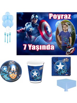 Hayaller Dükkanı Afiş Li Captain Amerika Captan Doğum Günü Süsleri, Fotoğraflı Parti Seti HDTS185 8 Kişilik