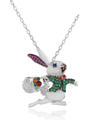 Yeşil Fuşya Taşlı Papyonlu Koşan Tavşan Gümüş Kolye