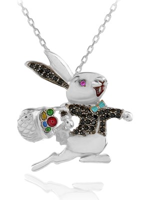 Siyah Taşlı Papyonlu Koşan Tavşan Gümüş Kolye